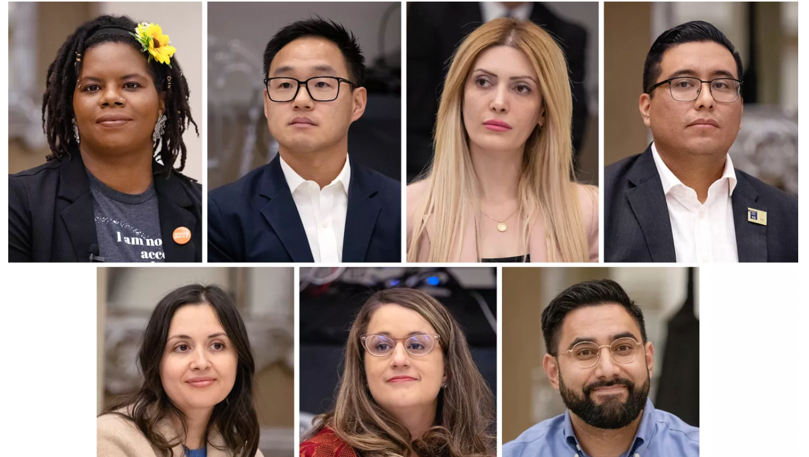 Los Angeles City Council District 6 candidates, clockwise from top left; Antoinette Scully, Isaac Kim, Rose Grigoryan, Douglas Sierra, Marco Santana, Imelda Padilla and Marisa Alcaraz.(Myung J. Chun / Los Angeles Times)